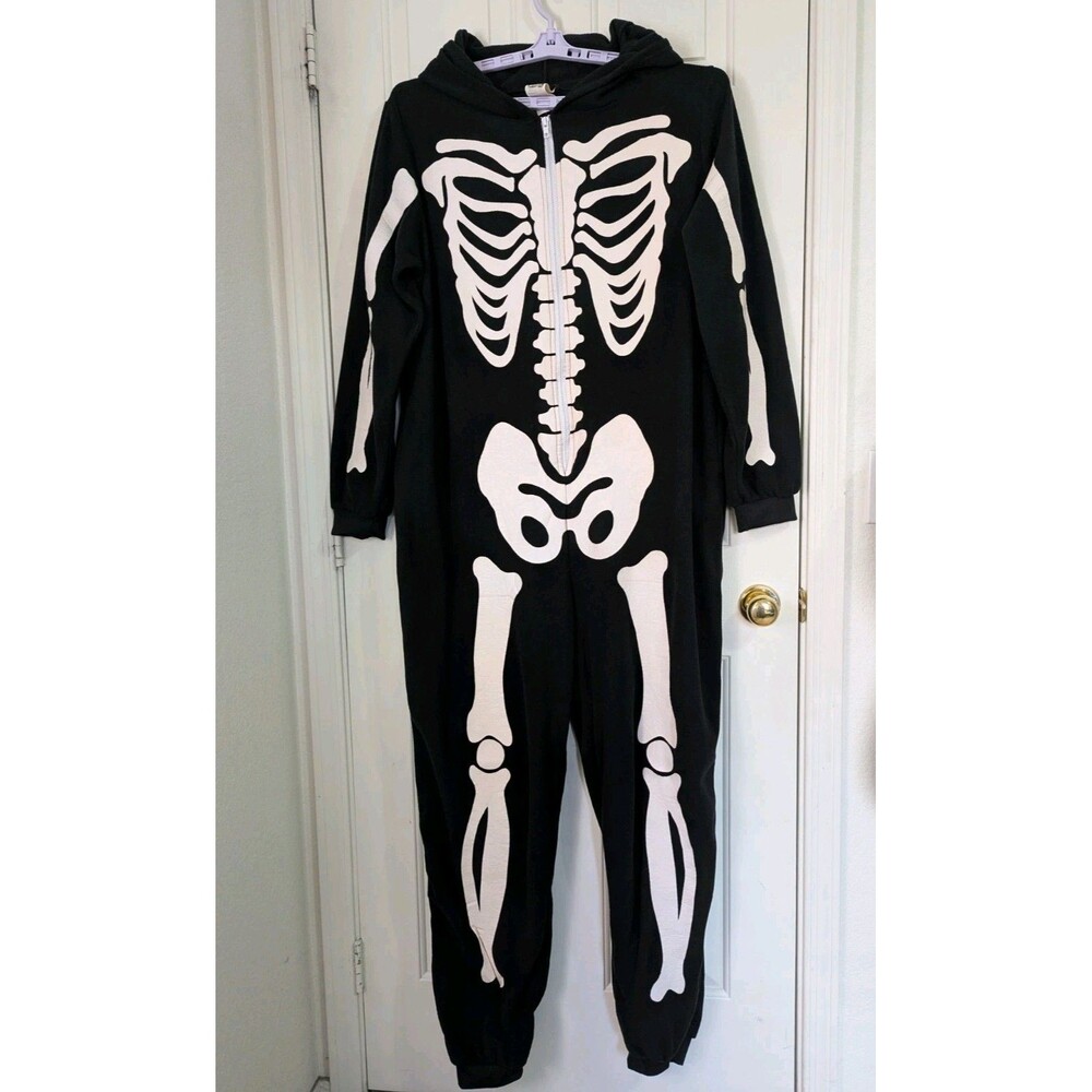 Skeleton Hoodie Fleece Jumpsuit Pajamas Womens 2XL Halloween Glow in Dark Gothic